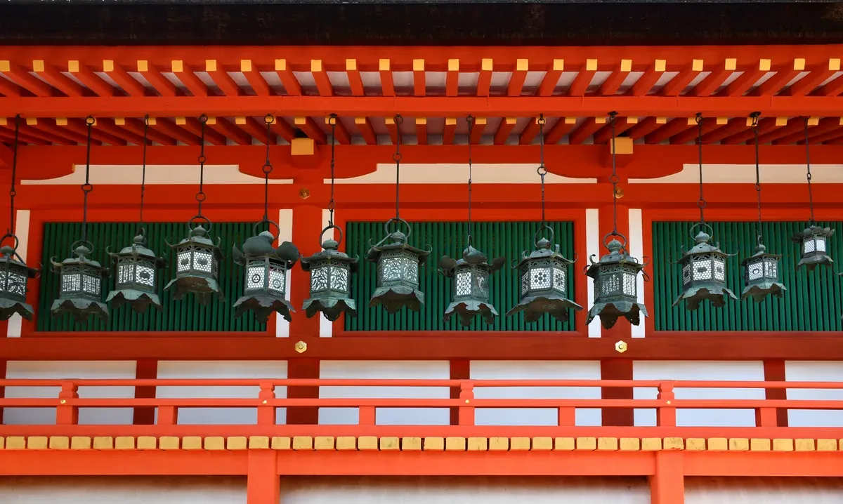 Hanging lanterns at Kasuga Taisha in Nara on an afternoon Nara day tour from Kyoto