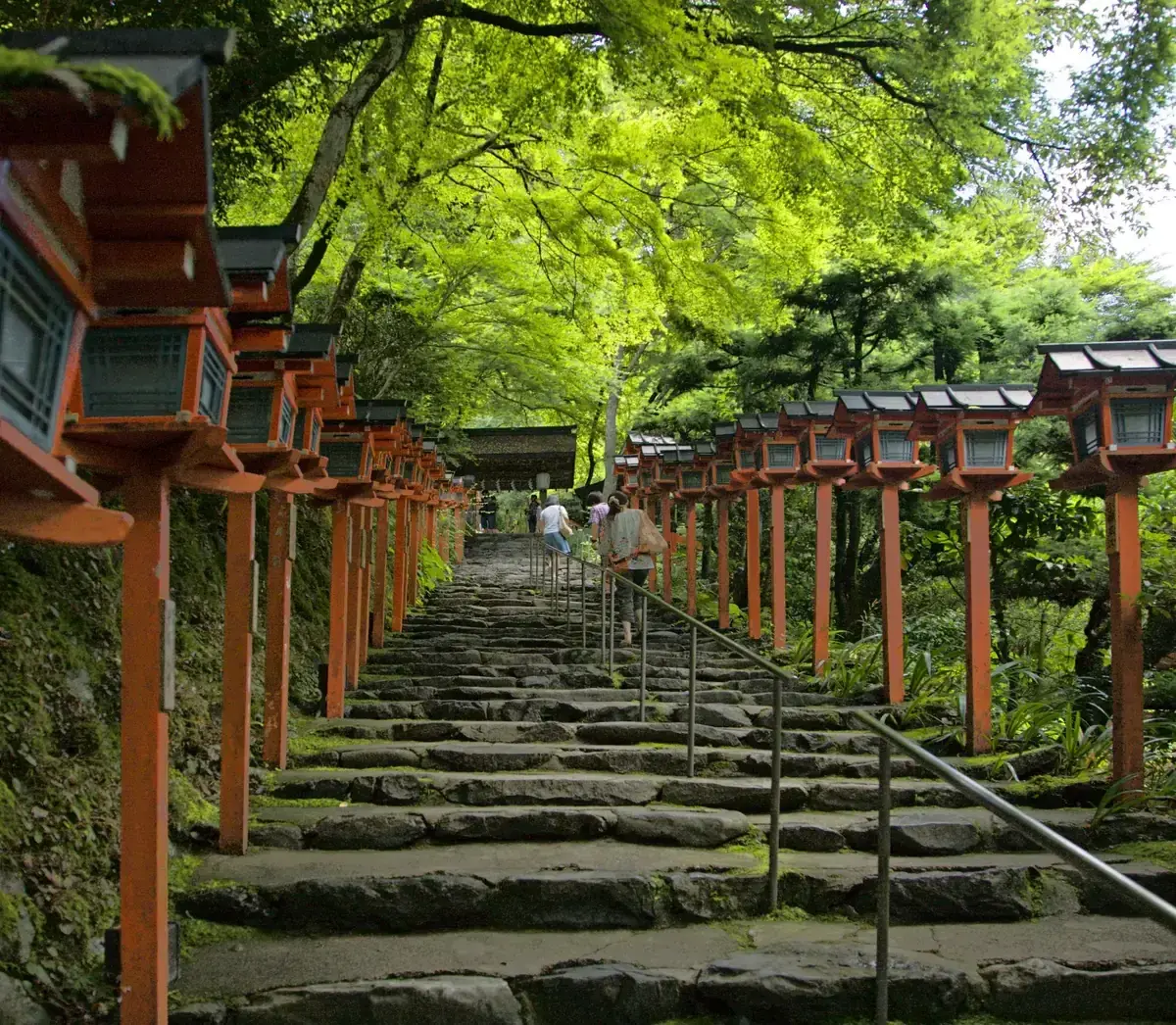 Red lantern stairs at Kifune Shrine on a Kurama and Kibune day trip from Kyoto