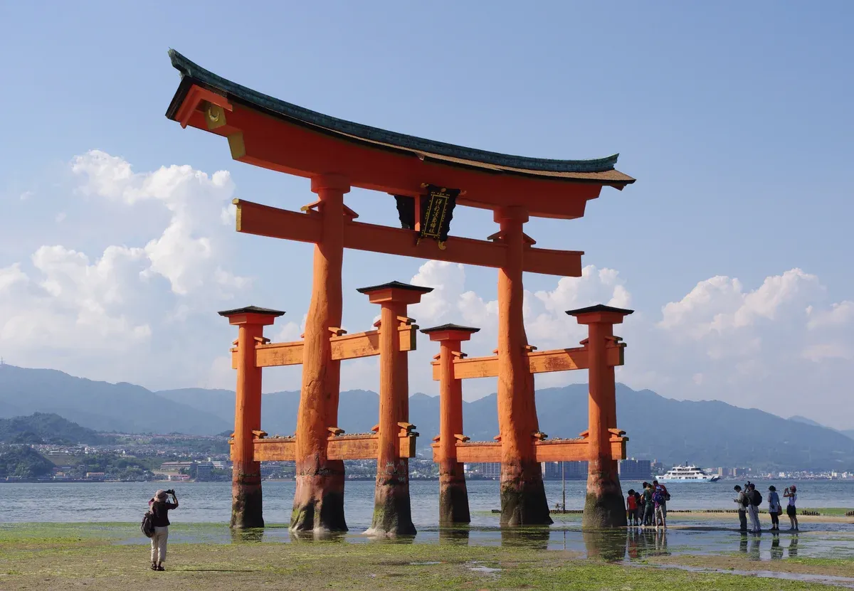 Itsukushima torii gate at low tide on Miyajima on a bullet train day trip from Kyoto